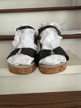 Super Cute Black Deloris Maxine Cork Wedge Eden Sandals in Black - Sz 7